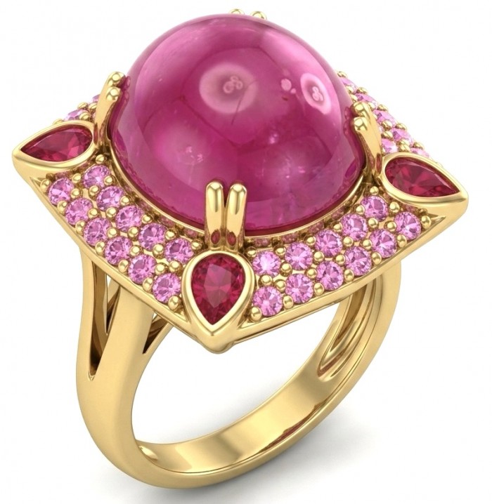 Bella Rosa Genuine 19.5 CARAT MOZAMBIQUE Ruby 22K Gold over .925 Sterling Silver Statement Ring size 7 - Close-up of Bella Rosa 19.5-carat Mozambique ruby ring in 22K gold.