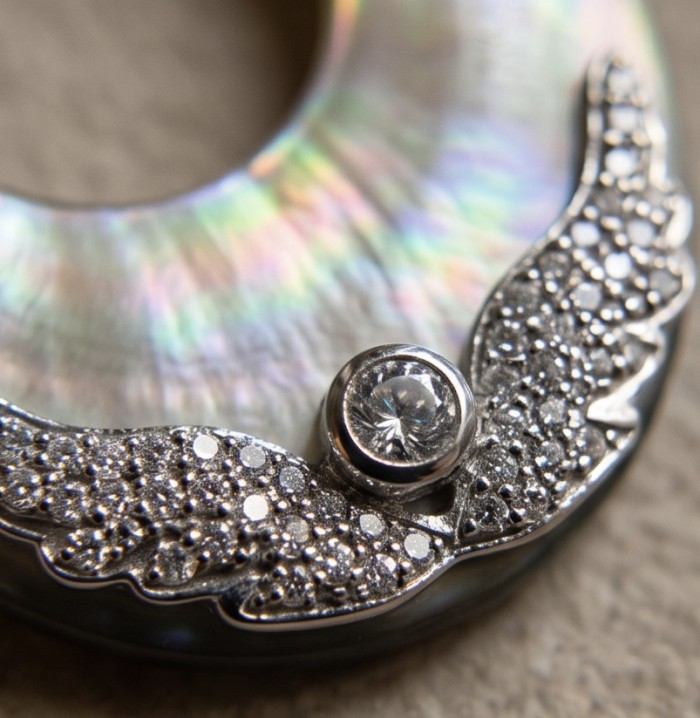 Vintage design Genuine Rainbow Abalone .925 Sterling Silver dipped in black rhodium handcrafted Large Statement Earrings - Close-up of vintage sterling silver jewel with abalone and stone detail.
