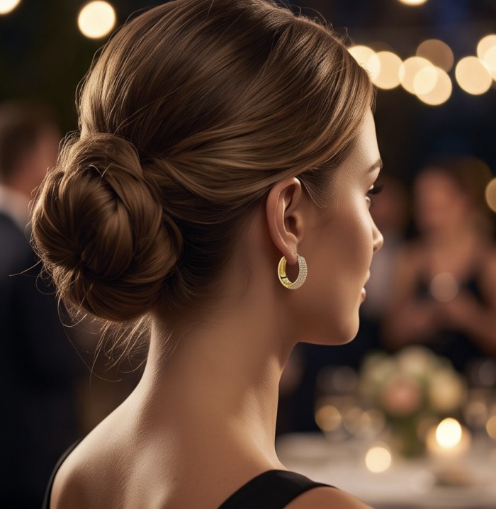 Dubai Style - 0.8 carat White Topaz .925 Sterling Silver dipped in 18K Gold handmade Earrings - Earrings on model, side view, bokeh background lighting.