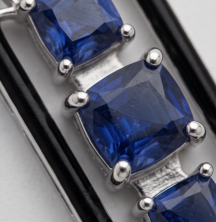 8.5 carat Art Deco Sapphire black enamel .925 Sterling Silver handcrafted Pendant - Close-up of Art Deco sapphire stones on sterling silver setting