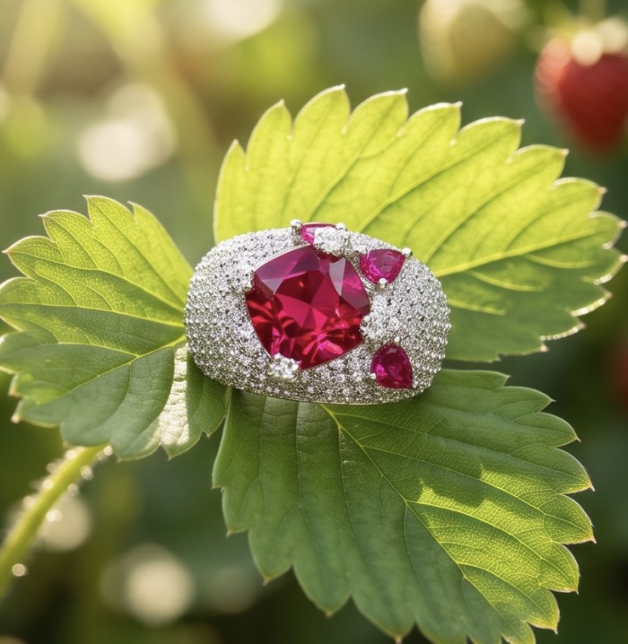 Scarlett 4.4 ctw Mozambique Ruby .925 Sterling Silver handcrafted Statement Ring size 8 - Ruby ring with diamonds on leaf, showcasing stone close-up.