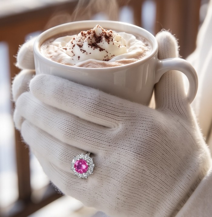 Tiffany - authentic round cut 4.5 carat Pink Sapphire .925 Sterling Silver Handcrafted Statement Ring size 7 1/2 - Pink Sapphire ring worn on hand, holding hot drink in white gloves