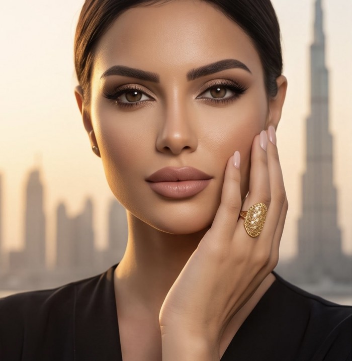 GOLDEN ROSE - Dubai Style - .925 Sterling Silver dipped in 22K Gold handmade ring size 9 - Woman wearing GOLDEN ROSE ring, Dubai skyline in background.