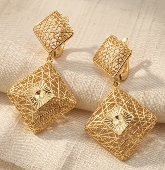 Golden Dubai Style - .925 Sterling Silver dipped in 22K Gold handmade Earrings - Golden Dubai style earrings, geometric design, close-up view.