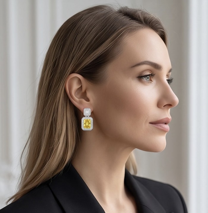 Art Deco - Luxurious baquette cut 8.5 carat Yellow Sapphire rhodium over .925 Sterling Silver handcrafted earrings - Profile view wearing Art Deco earrings with yellow sapphire.