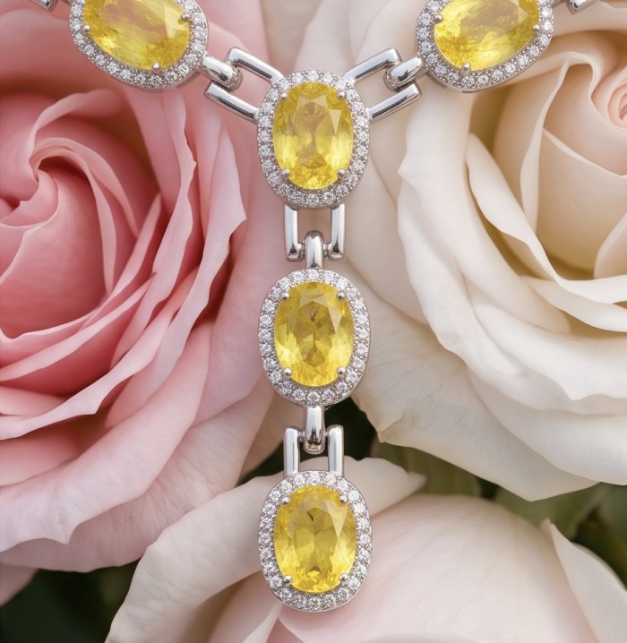 Luxurious - 58.5 carat Yellow Sapphire from Ceylon .925 Sterling Silver dipped in Rhodium handcrafted Necklace - Yellow sapphire necklace close-up with pink and white roses background