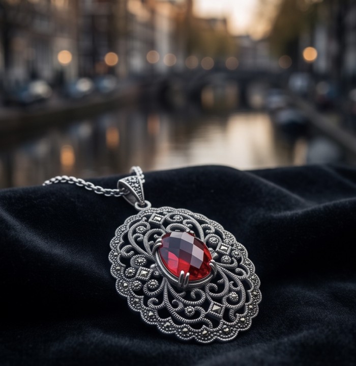 Vintage Style - Precious - Genuine 14.5 carat Ruby Marcasite Rhodium over .925 Sterling Silver handmade Pendant - Close-up of vintage necklace with 14.5 carat ruby on black velvet backdrop.
