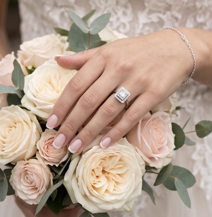 Art Deco Luxurious 6.5 carat White Topaz rhodium over .925 Sterling Silver ring size 6 1/4 - Art Deco white topaz ring on hand with bouquet, top view.