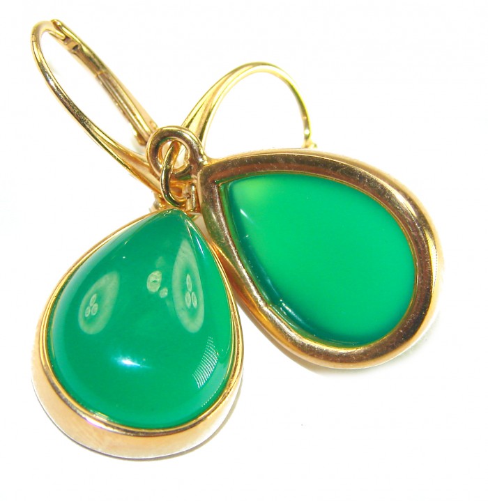 Unique genuine Jade 18K Gold over over .925 Sterling Silver handcrafted earrings - Green jade earrings close-up with 18K gold over silver setting