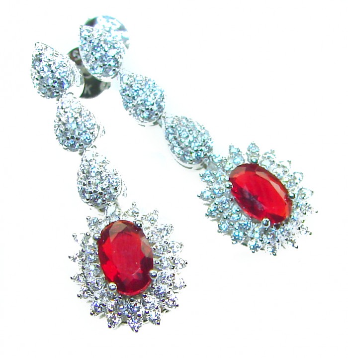Pure Luxury 4.2 carat natural Ruby .925 Sterling Silver handmade Statement earrings - Ruby and diamond drop earrings front view with sterling silver setting