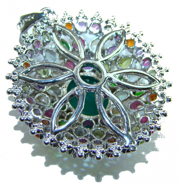 Power of Life Very Unique 11.5 CARAT Green Jade Multigem .925 Sterling Silver handcrafted pendant - Overhead view of ornate multigem pendant featuring green jade stone.