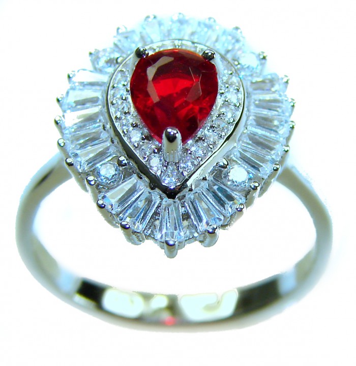 Real Beauty Natural 3.9 carat Ruby .925 Sterling Silver handmade Statement Ring size 8 - Ruby ring with diamond halo, close-up view, sterling silver band.