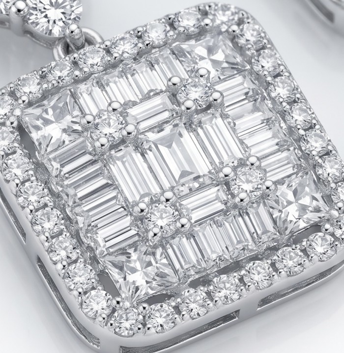 Carolyn - Precious 9.5 carta White Topaz rhodium over .925 Sterling Silver .925 Sterling Silver Statement earrings - Close-up of Carolyn pendant with white topaz and rhodium over silver.