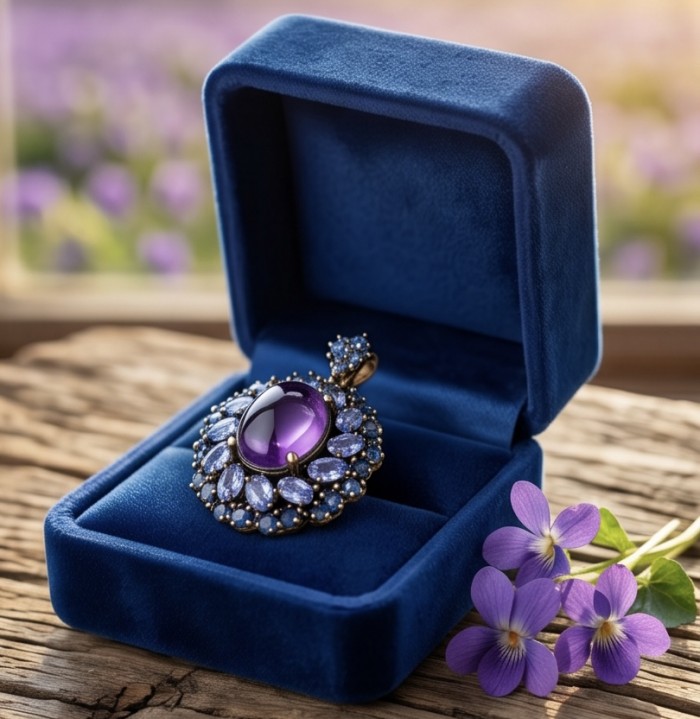 Mademoiselle - 10.4 carat natural Amethyst .925 Sterling Silver dipped in 22K White Gold handcrafted Pendant - Amethyst pendant in a blue box with purple flowers, front view.