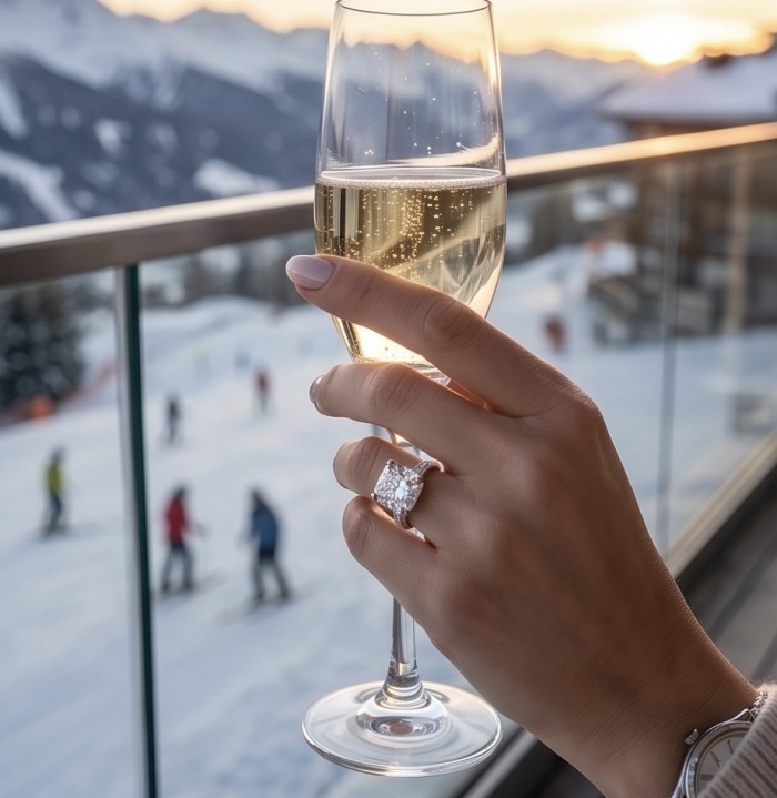 Giovanna - Precious assher cut 17.5 carta White Topaz rhodium over .925 Sterling Silver Statement ring size 7 1/4 - Woman's hand with ring holding champagne, snowy background