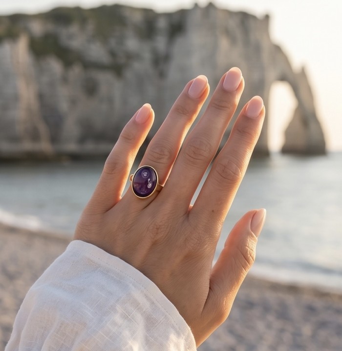 Peace 15.5 carat natural Amethyst 18K Gold over .925 Sterling Silver Handcrafted Ring size 8 adjustable - photo 1