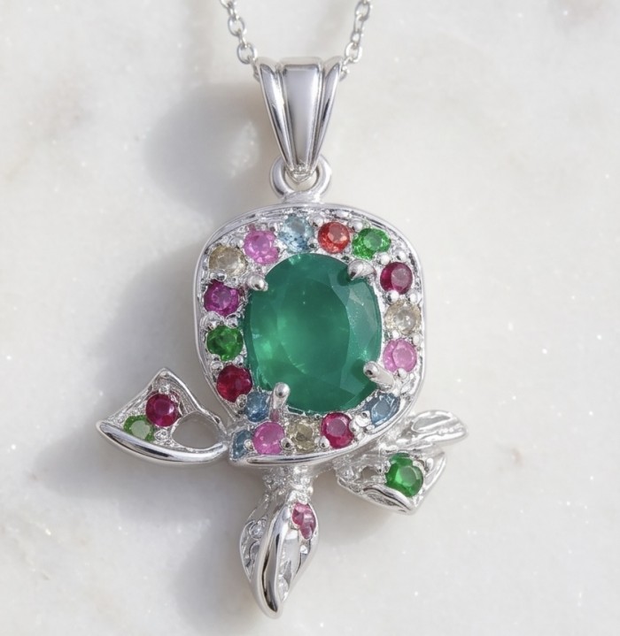 Stella - Very Unique authentic 4.9 carat Jade .925 Sterling Silver handcrafted pendant - Close-up of Stella jade pendant with multicolored gemstone accents