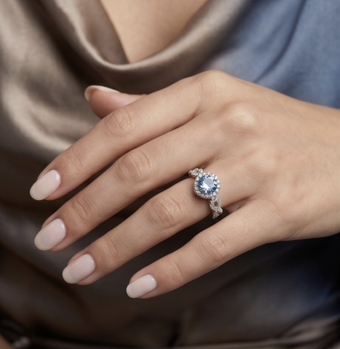 Atlntica 5.8 carat Swiss Blue Topaz .925 Sterling Silver dipped in rhodium handcrafted ring size 8 - Atlntica Swiss Blue Topaz ring worn on hand, close-up view