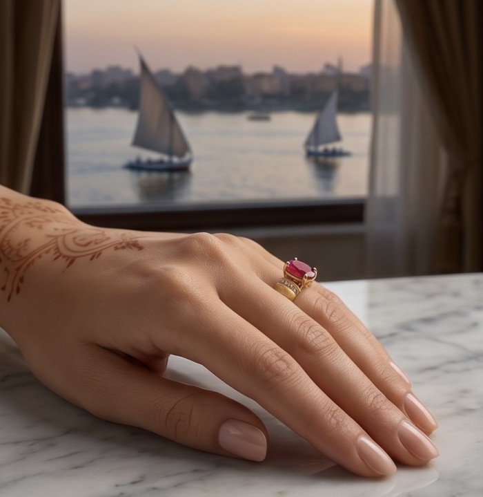 Born to Glam authentic 4.2 carat Ruby 22K Gold over .925 Silver handcrafted Ring s. 9 - Ruby ring on hand with river view; 4.2ct, 22K gold over silver.