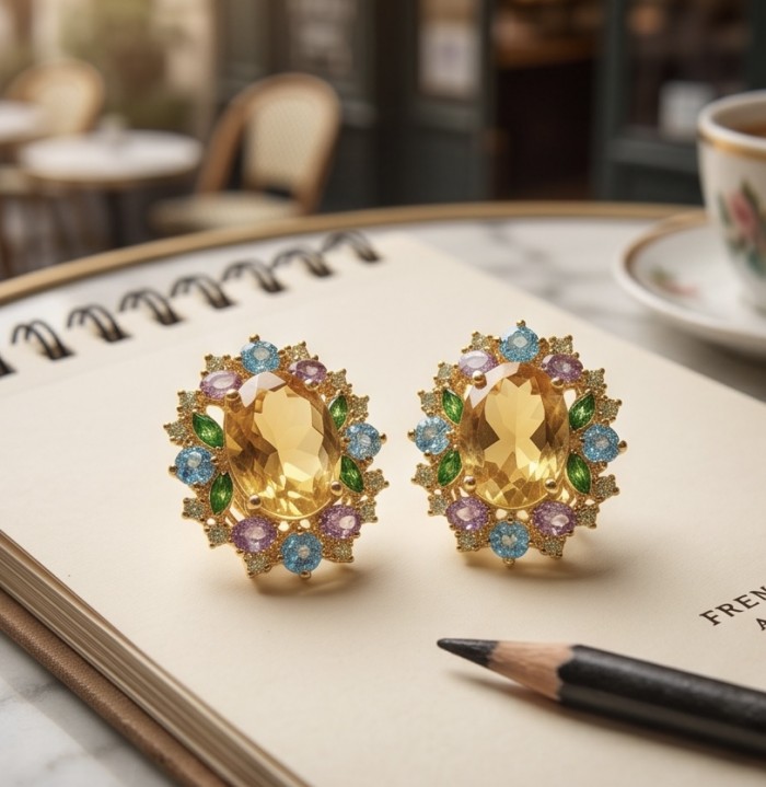 Victoria Authentic 18.5 carat Brazilian Citrine .925 Sterling Silver brilliantly dipped in 22K Gold handcrafted Statement earrings - Close-up of Victoria Authentic earrings with Brazilian citrine stones.