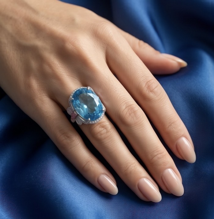 Pacifica - Authentic 30.8 carat Swiss Blue Topaz Rhodium over .925 Sterling Silver handcrafted Large Statement ring size 6 - Swiss Blue Topaz ring on hand, showcasing stone's front view.