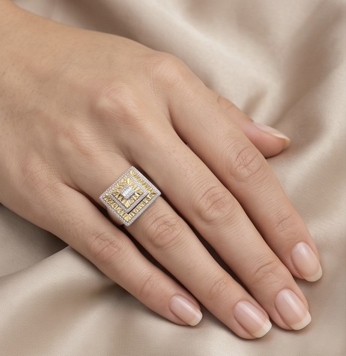 Art Deco 2.2 carat White Topaz 14K Gold over .925 Silver handcrafted Cocktail Ring s. 7 1/4 - Art Deco ring, 14K gold over silver, worn on hand, top view.