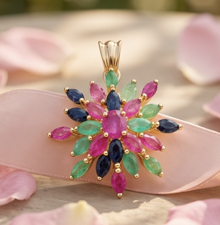 Charming Beauty 18.4 ctw Ruby Emerald Sapphire 18K Gold over .925 Sterling Silver handcrafted Statement pendant - Ruby, emerald, sapphire pendant on pink ribbon, top view.