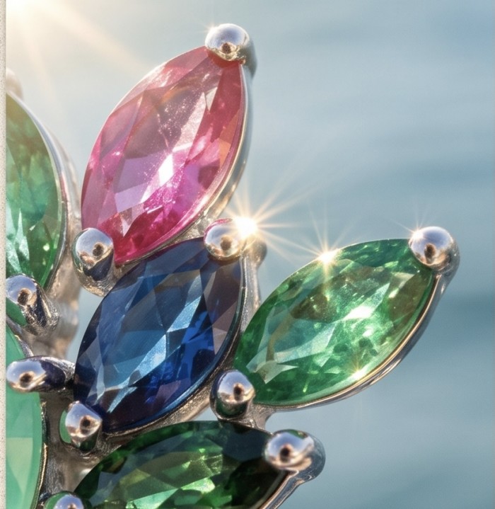 Charming Beauty 18.4 ctw Ruby Emerald Sapphire .925 Sterling Silver handcrafted Statement pendant - Stone close-up of Charming Beauty Ruby, Emerald, Sapphire jewelry.