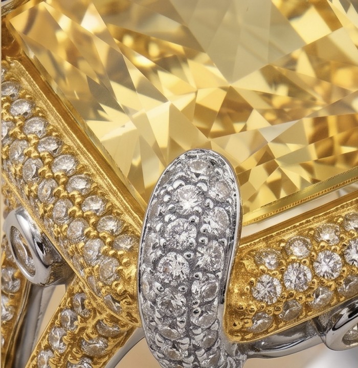 Wearable Art - Solid 27.2 carat Genuine Yellow Sapphire .925 Sterling Silver handcrafted ring size 8 - Close-up of 27.2 carat yellow sapphire ring with diamond accents