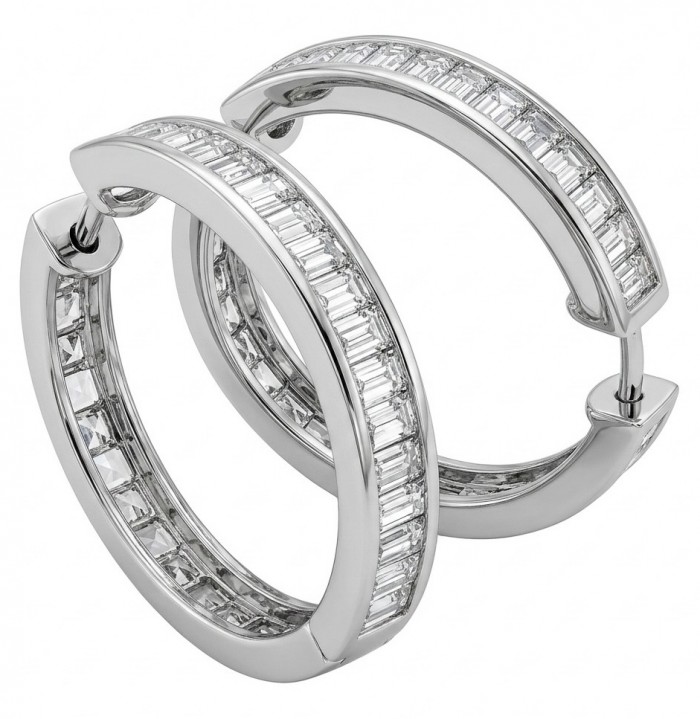 Allure Natural 8.2 carat White Topaz .925 Sterling Silver handcrafted hoop earrings - Hoop earrings with white topaz in sterling silver, side view close-up.