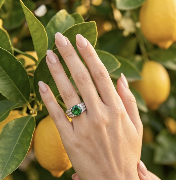 Natural 7.4 carat Tsavorite Garnet .925 Sterling Silver handmade Statement Ring size 7 1/4 - Tsavorite Garnet ring on hand with lemon tree background