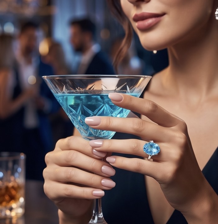 Atlantica 22.8 carat Swiss Blue Topaz .925 Sterling Silver dipped in rhodium handcrafted ring size 7 1/4 - Worn on hand, woman holding cocktail, Atlantica blue topaz ring visible.