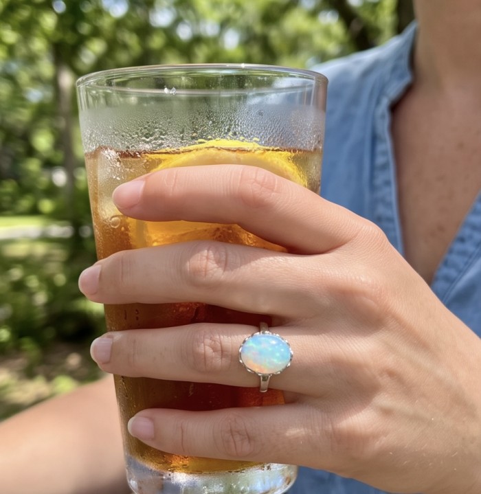 Endless Ocean Genuine 11.5 carat doublet Australian Opal .925 Sterling Silver handmade Ring size 6 - Opal ring worn on hand while holding a glass with lemon slices.