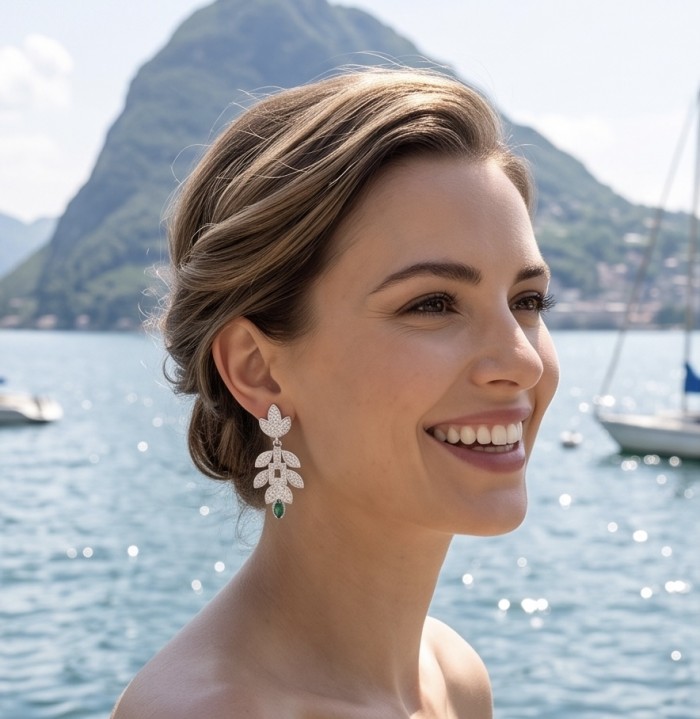 Precious 2.2 carat natural Colombian Emerald rhodium over .925 Sterling Silver earrings - Woman wearing leaf-shaped emerald earrings by the water