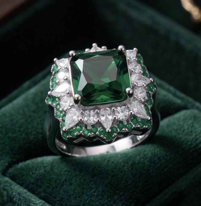 Luxurious asscher cut 7.9 carat Emerald .925 Sterling Silver rhodium over handcrafted Ring s. 7 1/2 - Close-up of luxurious emerald ring set in sterling silver.
