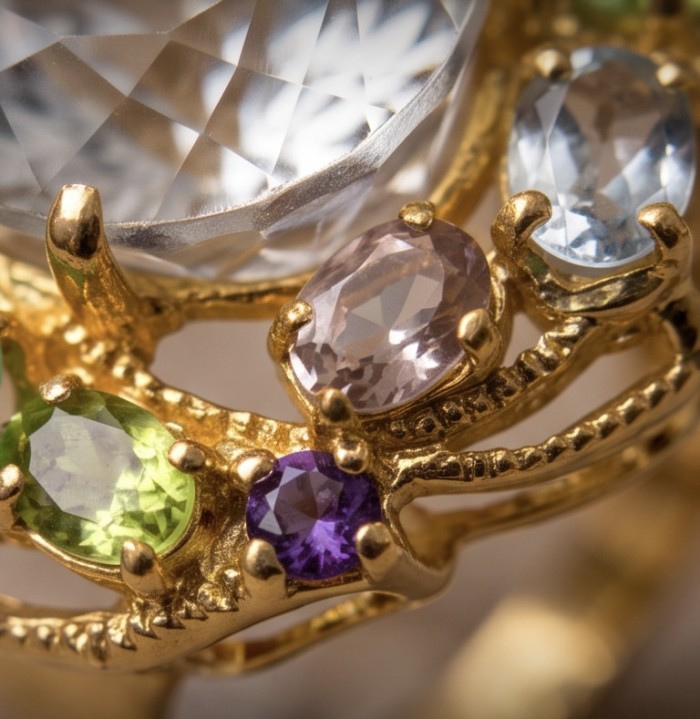 Dolce Vita - Natural 32.8 carat Citrine .925 Sterling Silver dipped in 22K Gold handcrafted Statement LARGE ring; s. 8 - Close-up of gemstones on a gold ring featuring citrine in silver setting.