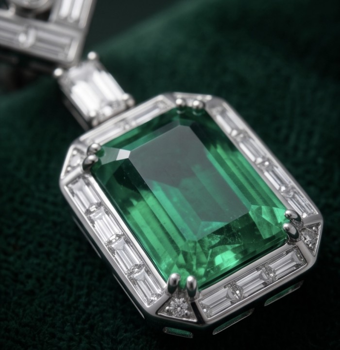 Art Deco - Magnificent Jewel 32.5 carat Colombian Emerald .925 Sterling Silver dipped in Rhodium handcrafted earrings - Close-up of 32.5 carat Colombian Emerald in .925 Sterling setting