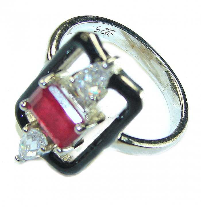 Art Deco 2.3 carat Ruby black enamel .925 Sterling Silver handmade Ring size 6 1/4 - photo 1