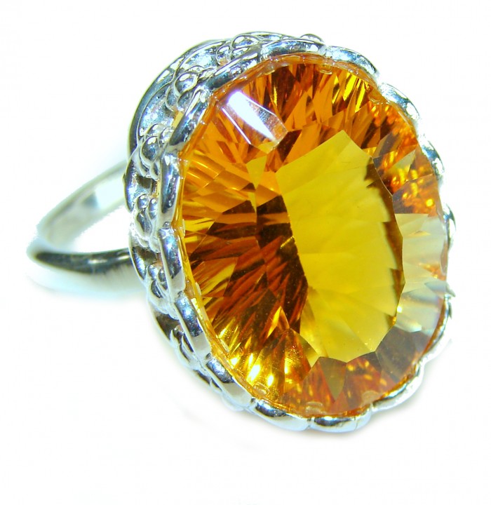 Solid 18.8 carat Genuine Lemon Quartz .925 Sterling Silver handcrafted ring size 8 3/4 - Close-up of 18.8 carat lemon quartz ring in .925 sterling silver.