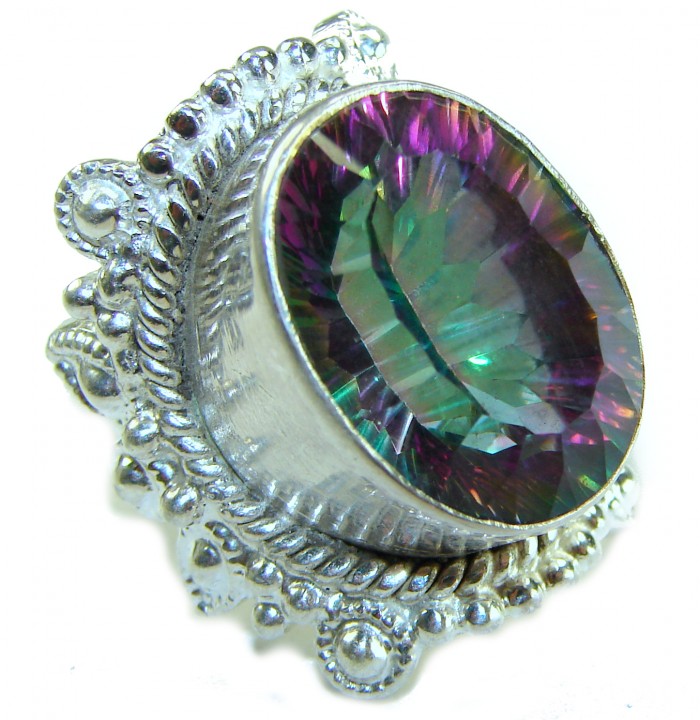 Big Dreamer 12.8 carat Mystic Topaz .925 Sterling Silver handcrafted Large ring size 6 - Close-up of 12.8 carat mystic topaz ring in .925 sterling silver.