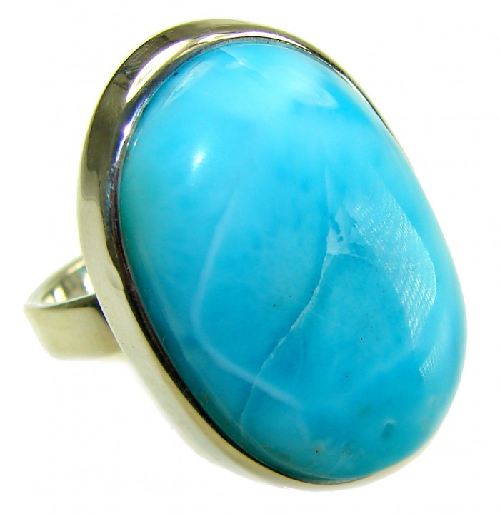 Blue Perfection AAAA QUALITY Blue Larimar .925 Sterling Silver handmade Large ring size 8 adjustable - Stone close-up of Blue Larimar set in .925 Sterling Silver ring