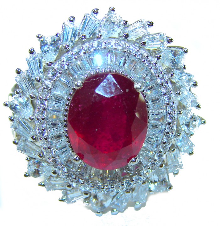 Real Beauty Natural 3.9 carat Ruby .925 Sterling Silver handmade Statement Ring size 7 1/4 - Close-up of a ruby and diamond ring, 3.9 carat, sterling silver.