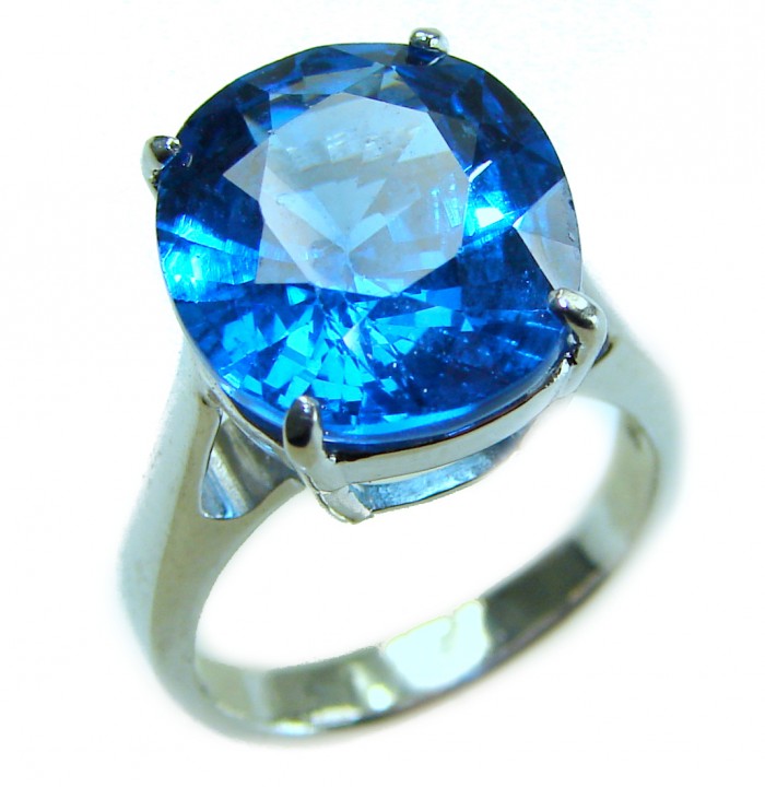 Pacifica 12.5 carat authentic Swiss Blue Topaz .925 Sterling Silver handmade Statement Ring size 5 3/4 - Close-up of Pacifica 12.5 ct Swiss Blue Topaz ring in .925 sterling silver.