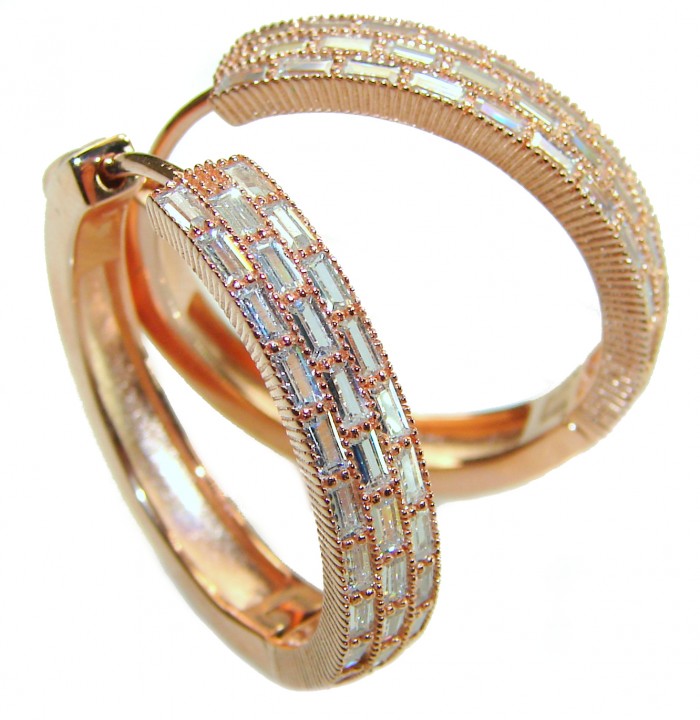 Allure Natural 12.2 carat White Topaz .925 Sterling Silver dipped in Rose Gold handcrafted hoop earrings - Close-up of Allure Topaz hoop earrings with rose gold detailing.