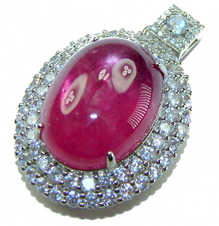 Rare finding! Deluxe 27.2 carat authentic Kashmir Ruby rhodium over .925 Sterling Silver handmade Statement Pendant - Close-up of deluxe 27.2 carat Kashmir Ruby pendant with diamonds.