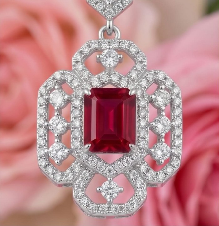 Carolyn - authentic 6.4 carat Ruby .925 Sterling Silver dipped in rhodium handcrafted Statement earrings - Close-up of Carolyn ruby pendant with diamond accents on silver backdrop