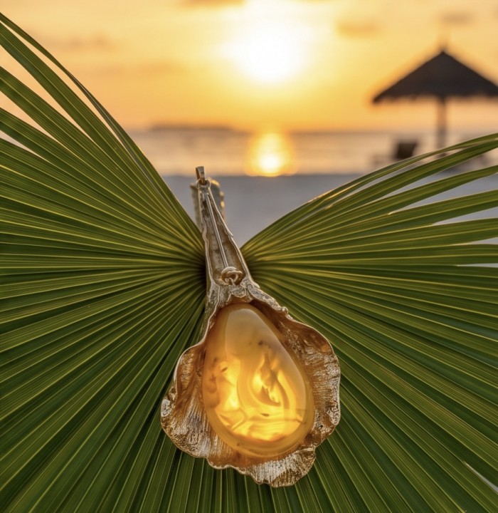 Calla Lily Prehistoric Authentic Butterscotch Baltic Amber 2 tones .925 Sterling Silver beautifully handcrafted LARGE Pendant - Calla Lily pendant with butterscotch amber, sunset background, front view