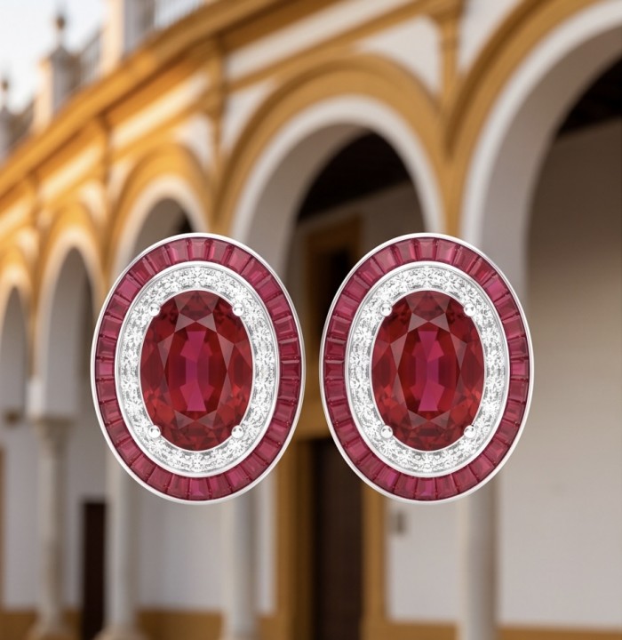 Precious - Art Deco 10.2 carat Ruby .925 Sterling Silver handmade earrings - Close-up of Art Deco 10.2 carat ruby earrings in sterling silver.