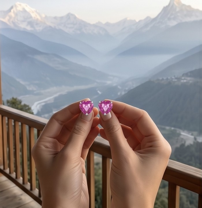 Exceptional- Pink Hearts - 35.7 carat Pink Sapphire .925 Sterling Silver dipped in rhodium luxuriously Handcrafted Statement earrings - Close-up of pink sapphire heart earrings held against a mountain backdrop.