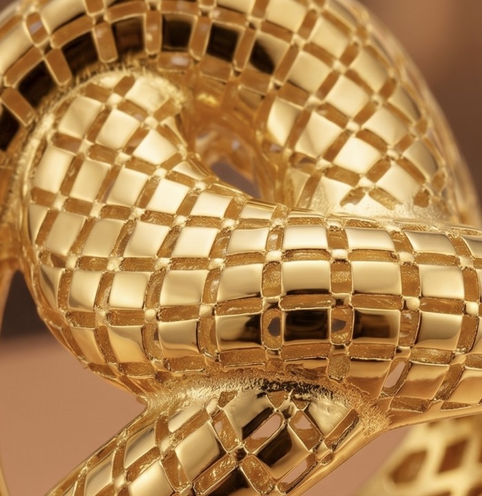 Dubai Style - Golden knot - .925 Sterling Silver dipped in 22K Gold handmade Large ring size 9 - Close-up of textured golden knot jewelry detail.